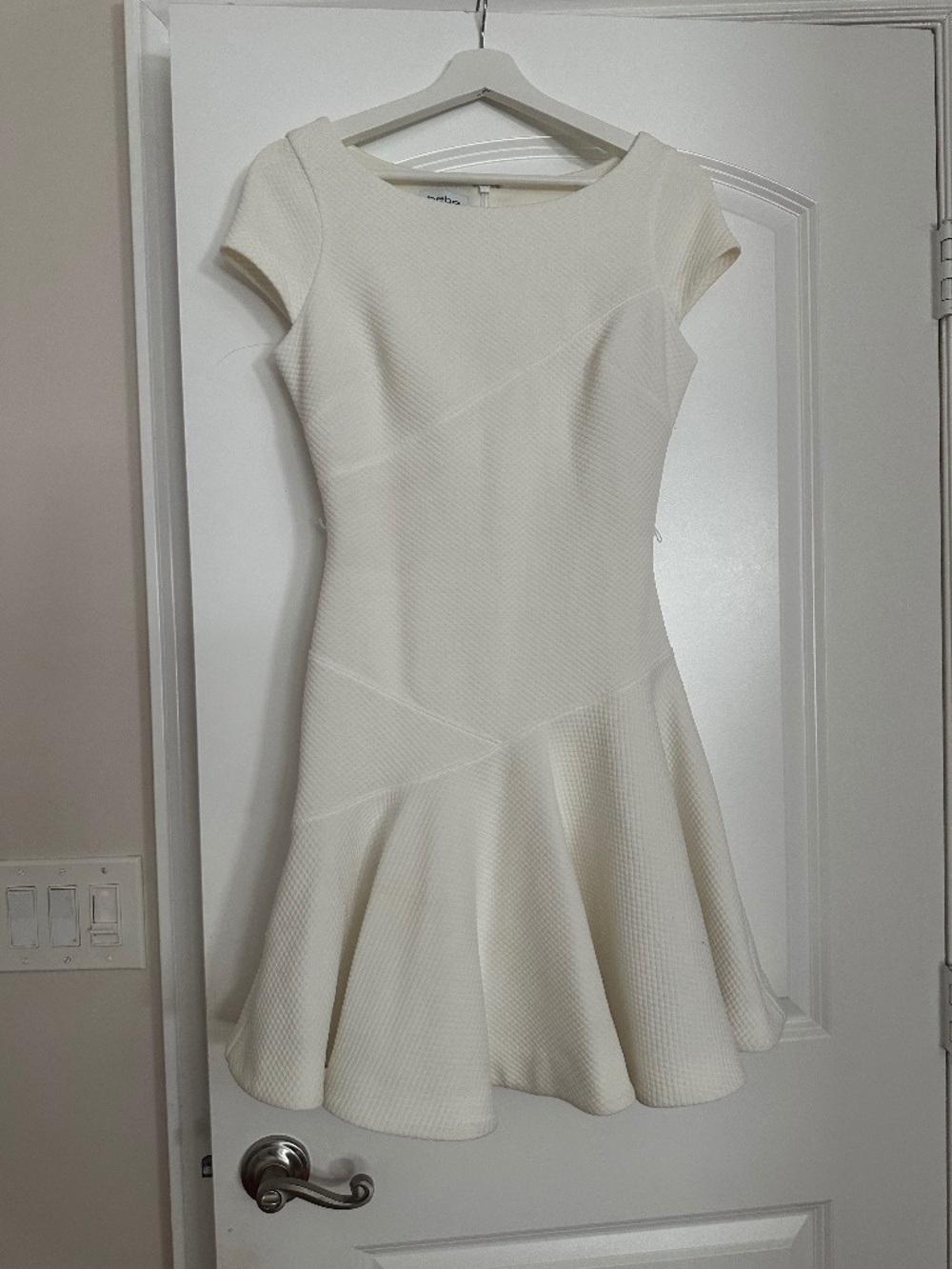 Bebe white textured mini dress with cap sleeves size S